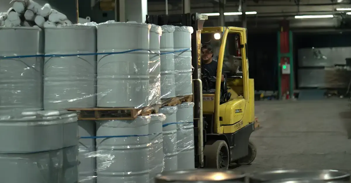 Forklift moving 55-gallon steel drums