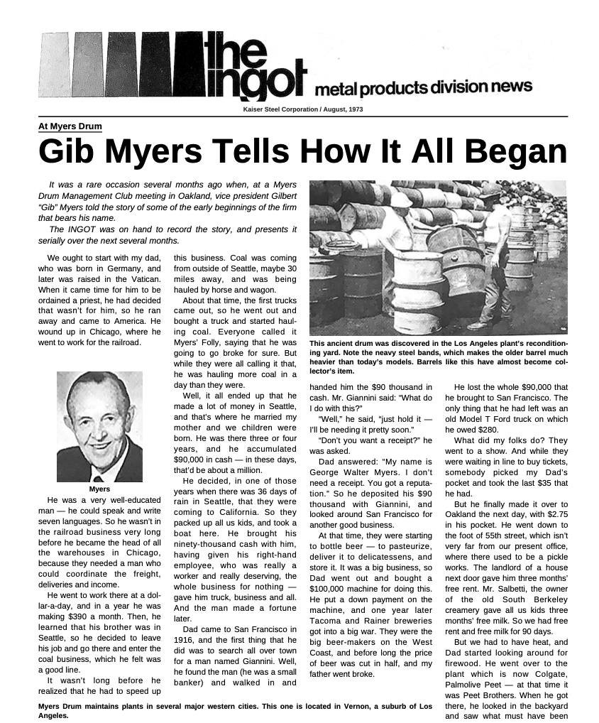 Gib Myers Tells How It All Began: The Early Days of Myers Drum - North Coast Container